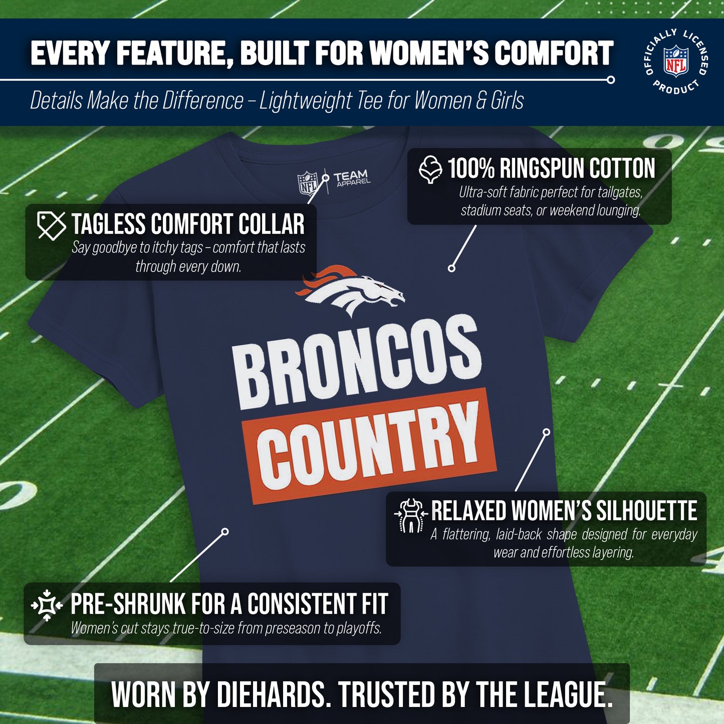 Denver Broncos NFL Womens Team Slogan Short Sleeve Tshirt - Navy