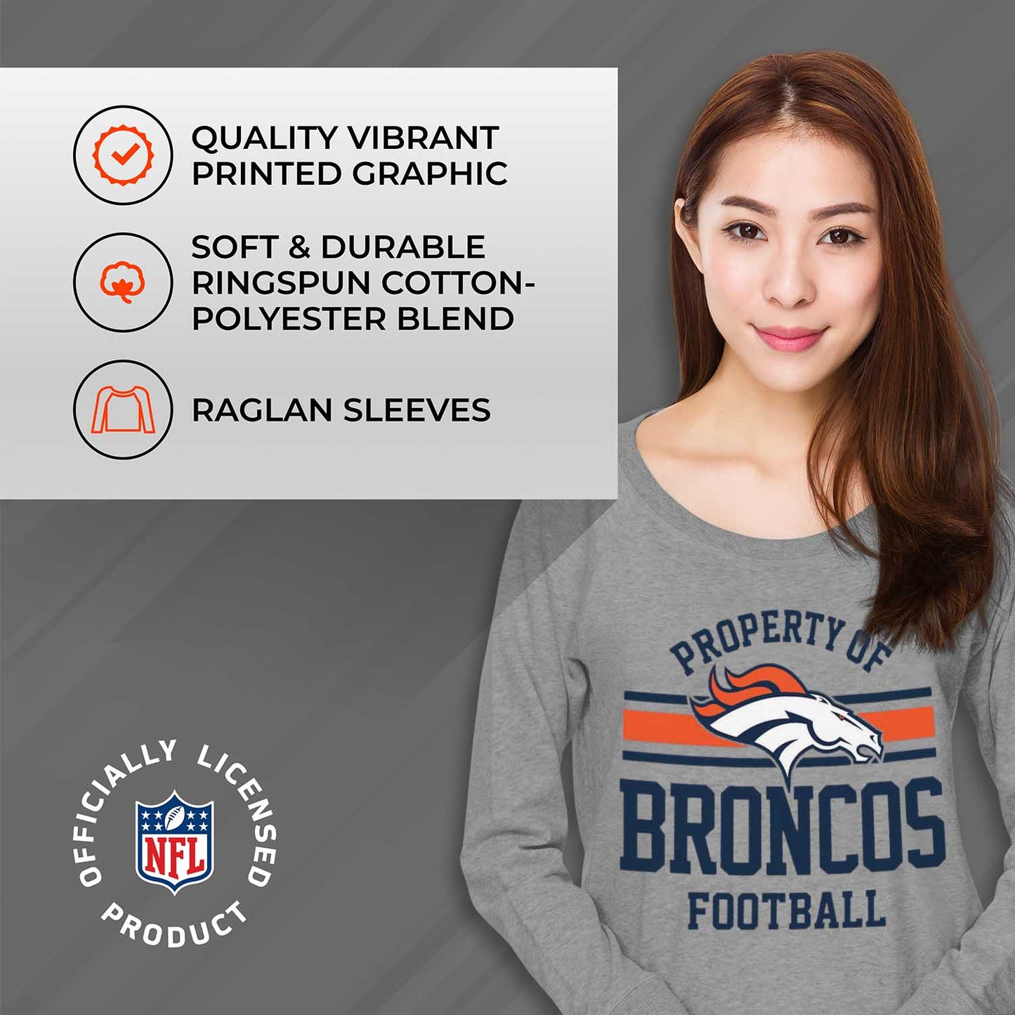 Denver Broncos NFL Womens Property of Lighweight Crew Neck - Sport Gray