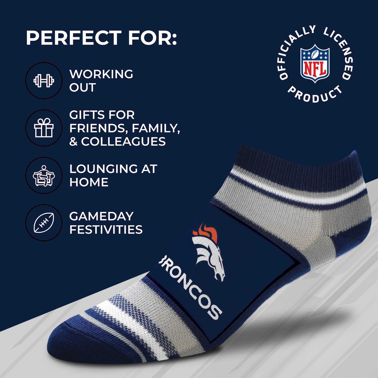 Denver Broncos NFL Adult Marquis Addition No Show Socks - Navy