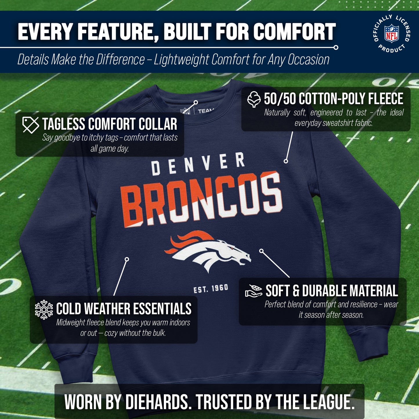 Denver Broncos Adult NFL Diagonal Fade Color Block Crewneck Sweatshirt - Navy