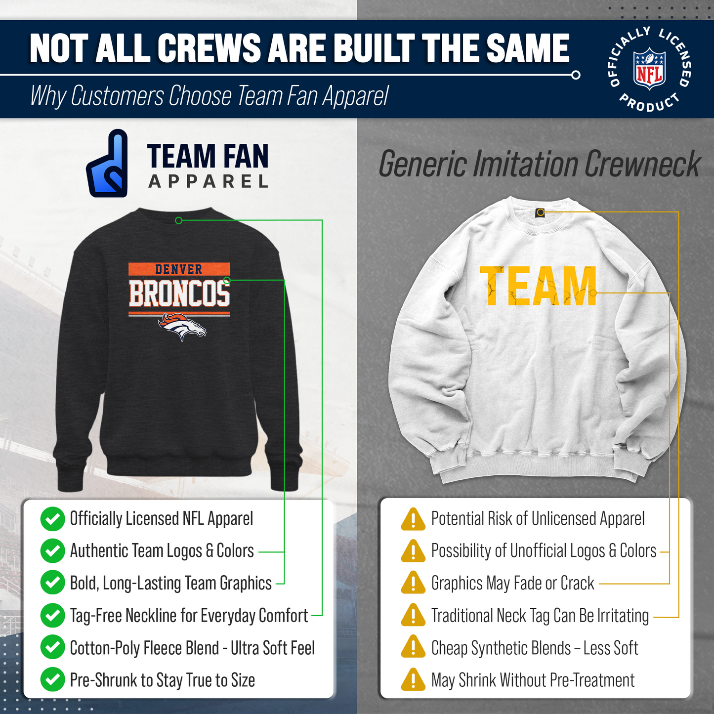 Denver Broncos NFL Adult Long Sleeve Team Block Charcoal Crewneck Sweatshirt - Charcoal