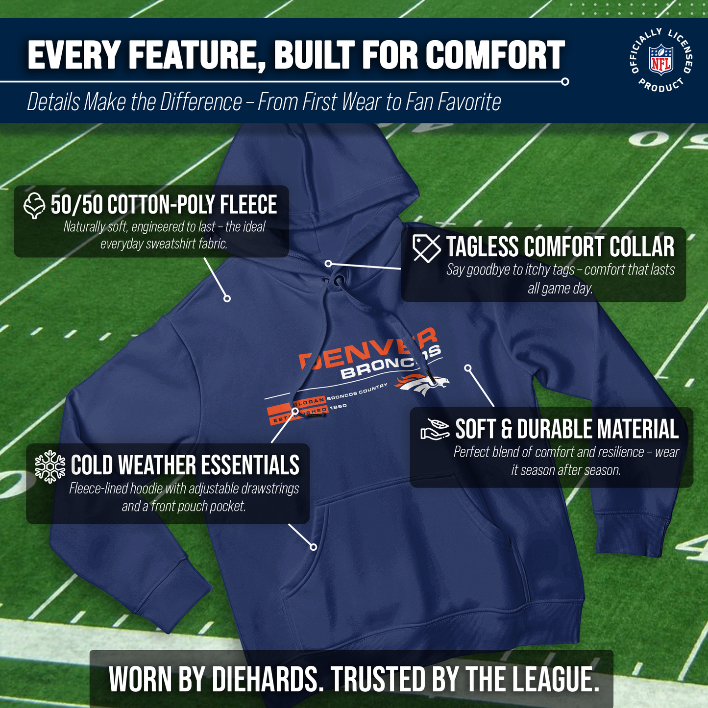 Denver Broncos Adult NFL Speed Stat Sheet Fleece Hooded Sweatshirt - Navy