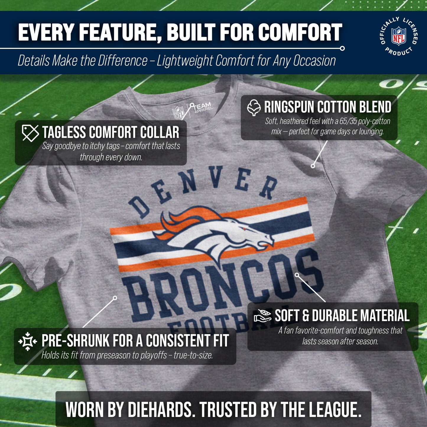 Denver Broncos NFL Adult Short Sleeve Team Stripe Tee - Sport Gray