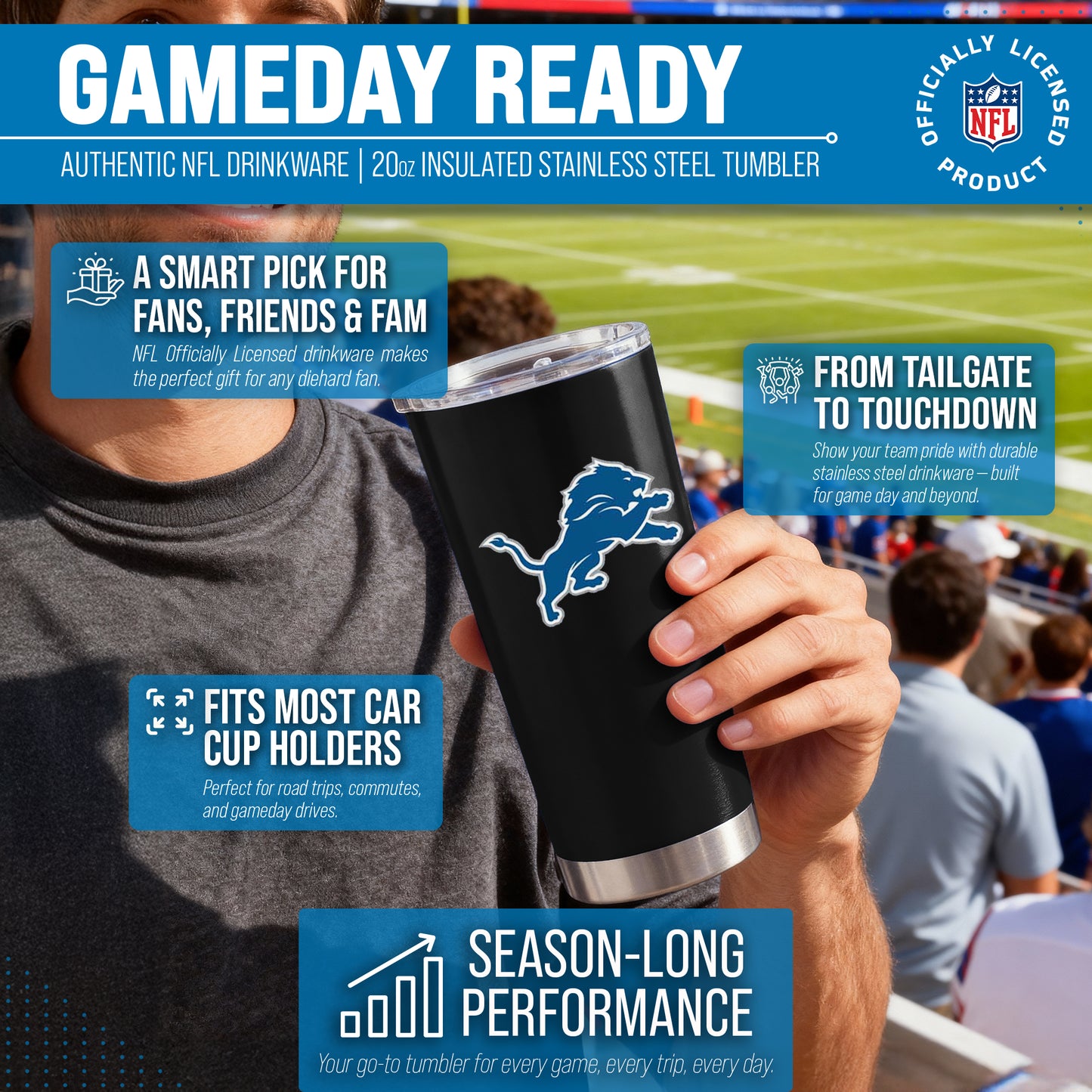 Detroit Lions NFL 20oz Gameday Stainless Steel Tumbler - Black