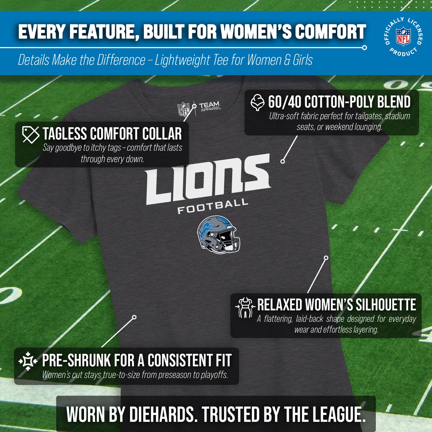 Detroit Lions Women's NFL Football Helmet Short Sleeve Tagless T-Shirt - Charcoal