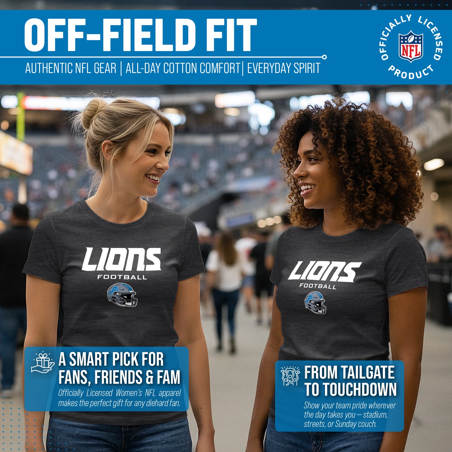 Detroit Lions Women's NFL Football Helmet Short Sleeve Tagless T-Shirt - Charcoal