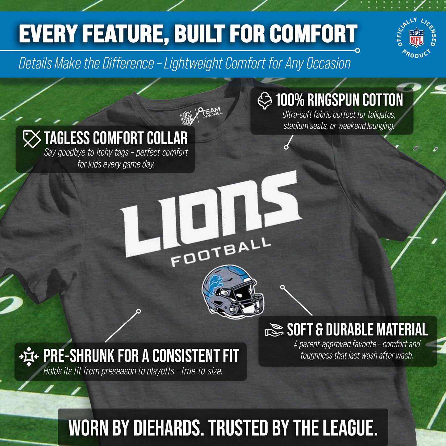 Detroit Lions NFL Youth Football Helmet Tagless T-Shirt - Charcoal