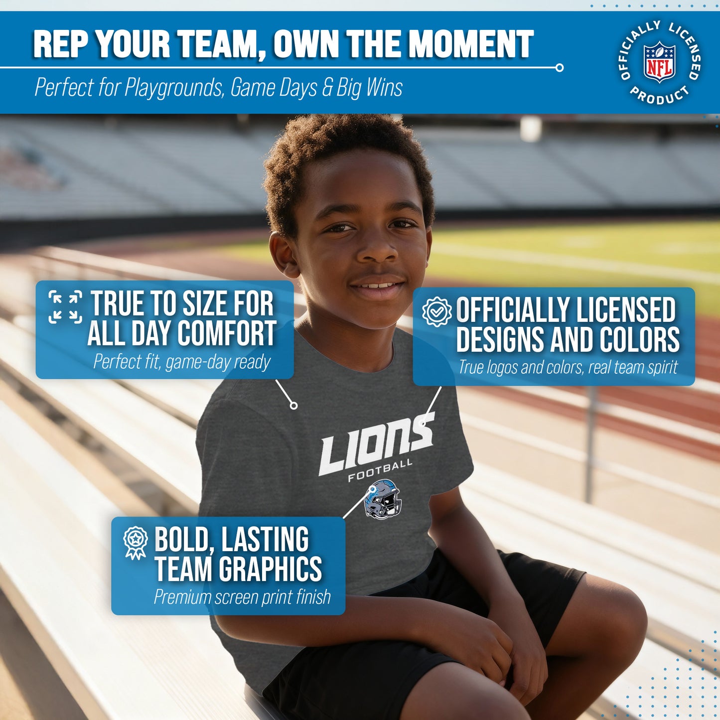 Detroit Lions NFL Youth Football Helmet Tagless T-Shirt - Charcoal