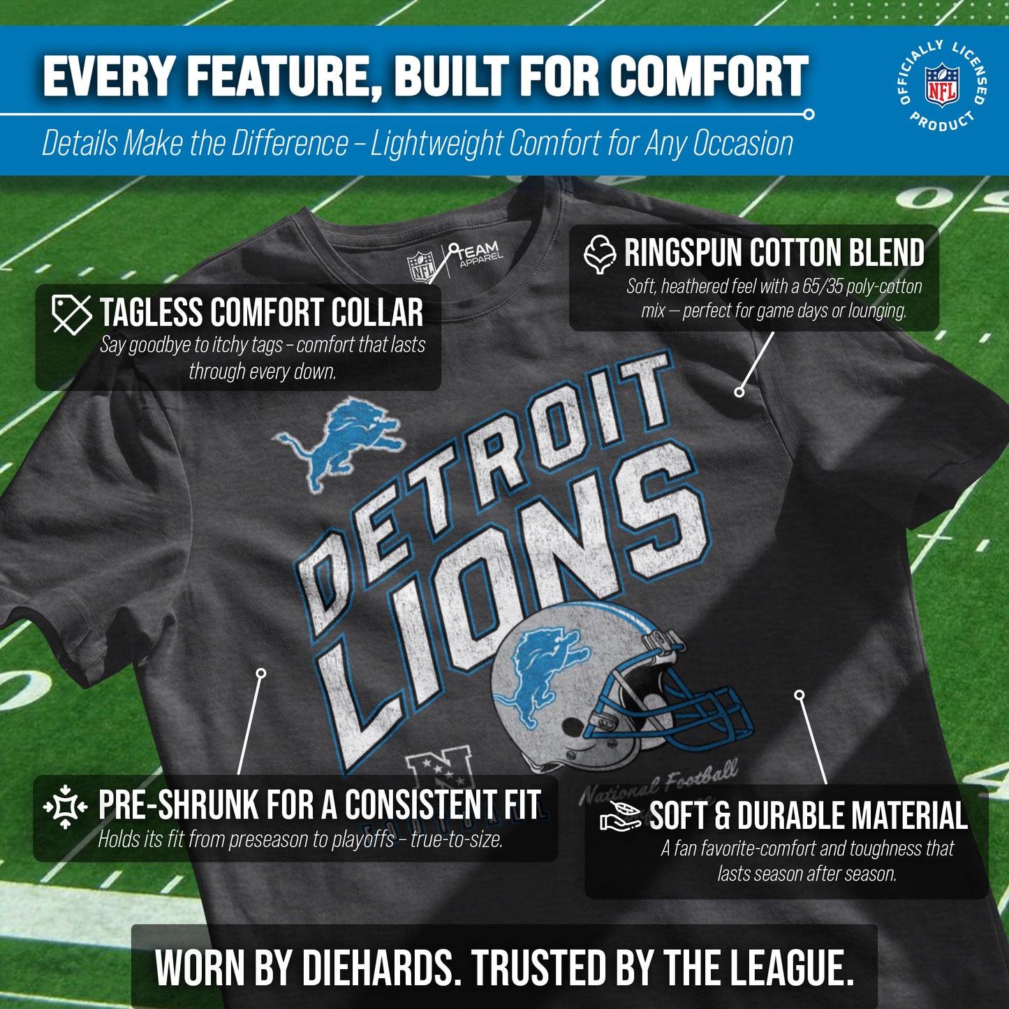 Detroit Lions NFL Adult Distressed Helmet Tag-Less T-Shirt - Heather Charcoal