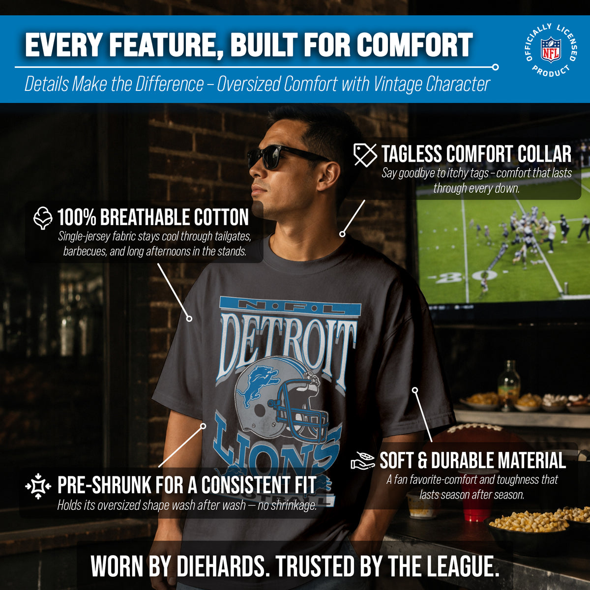 Detroit Lions Franchise Oversized Men's NFL Cotton Tee - Black