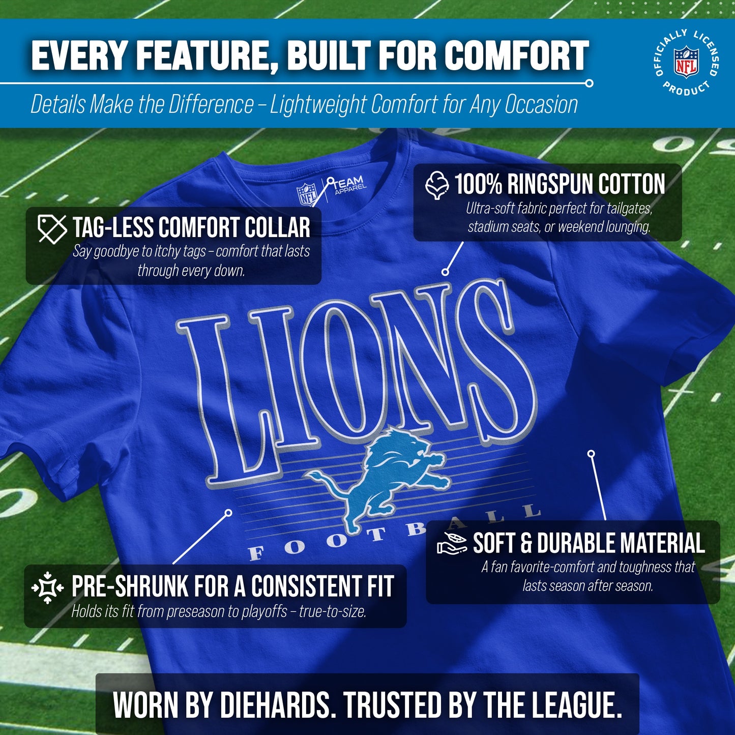 Detroit Lions NFL Adult Overtime Blueprint Tag-Less T-Shirt - Royal