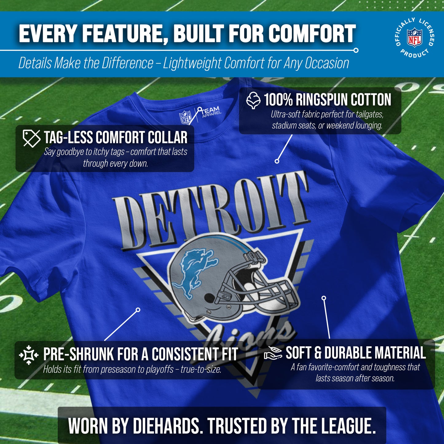 Detroit Lions NFL Adult Retro Triangle Unisex T-Shirt - Royal