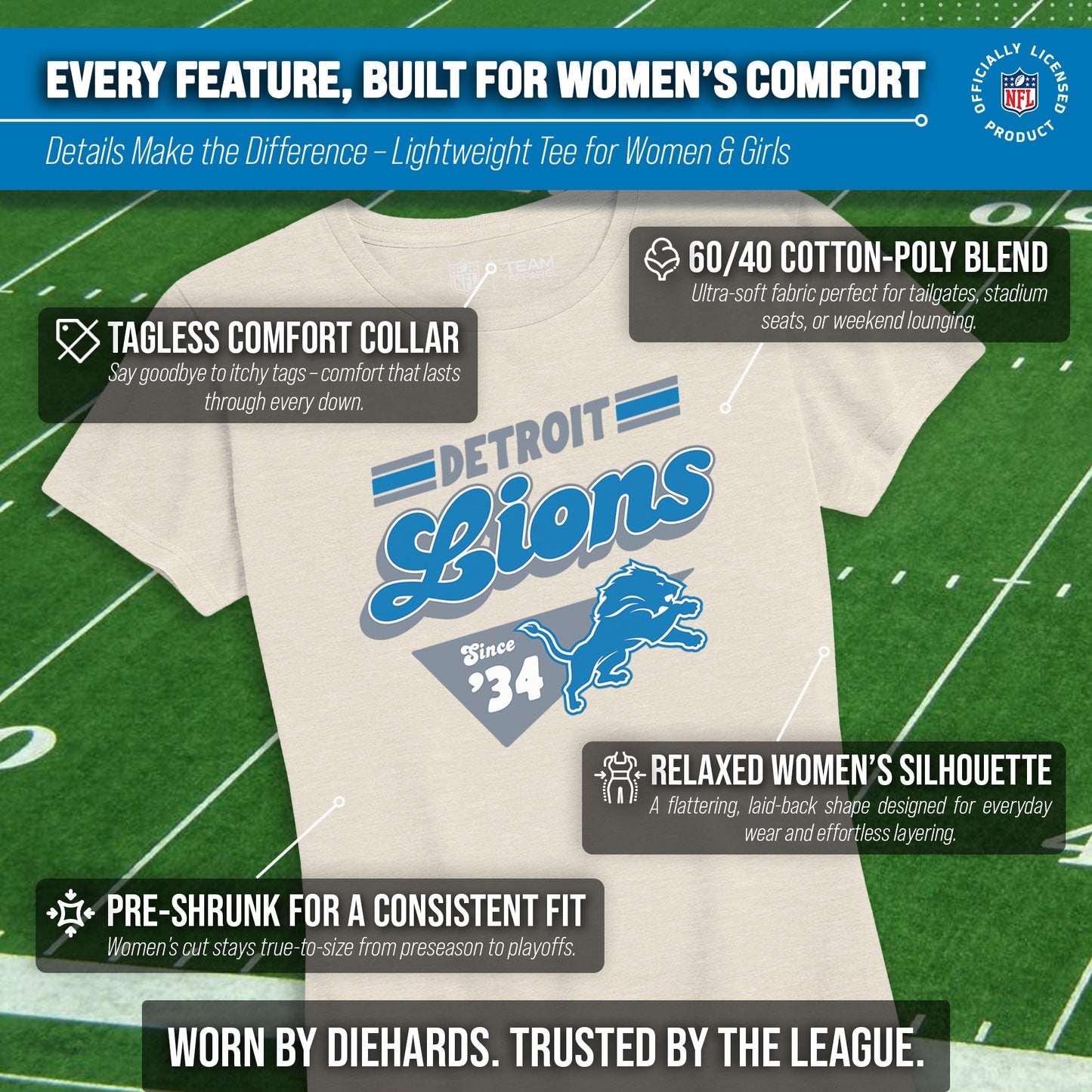 Detroit Lions NFL Womens Vintage Charm Tag-Less Soft T-Shirt - Birch