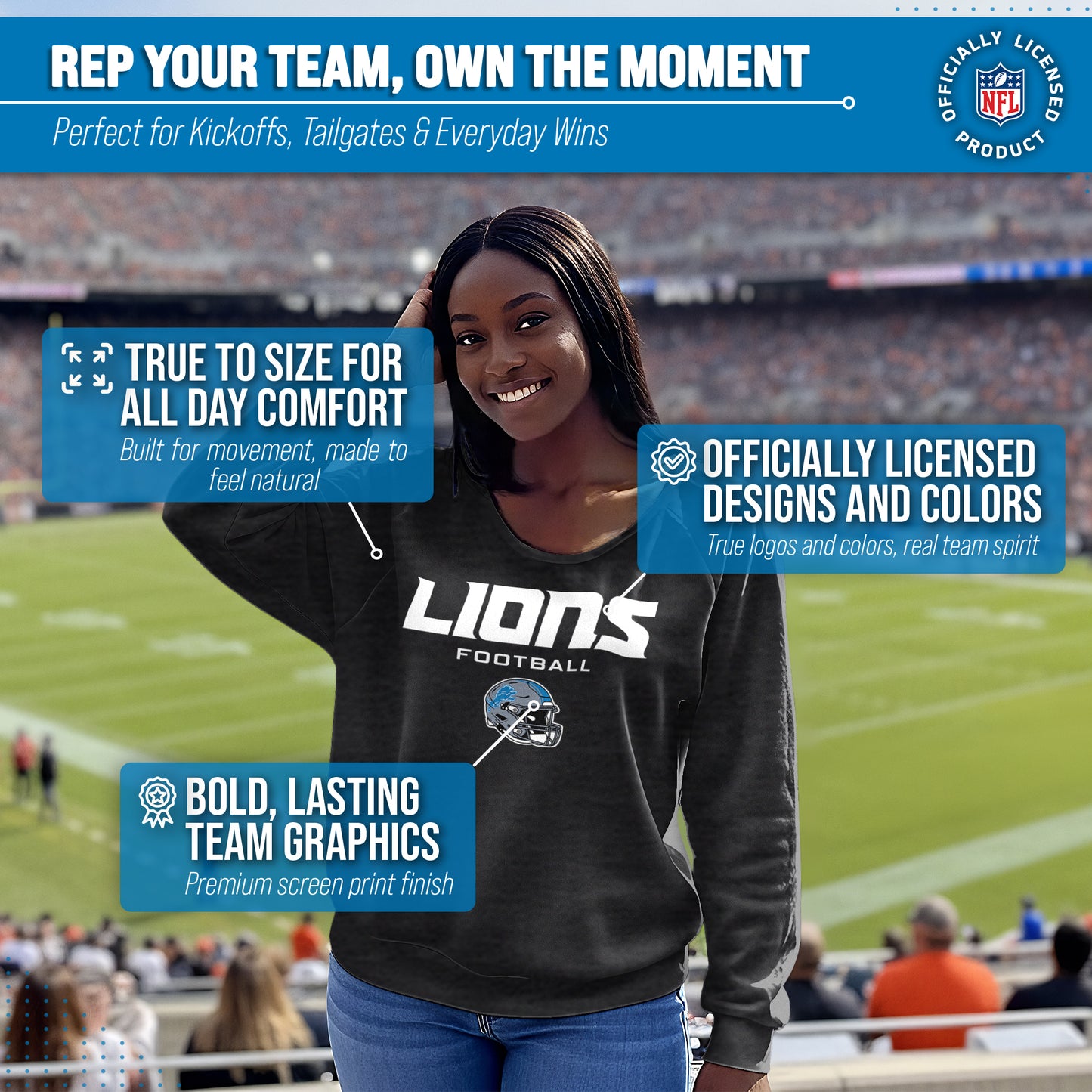 Detroit Lions NFL Womens Helmet French Terry Slouchy Top - Charcoal