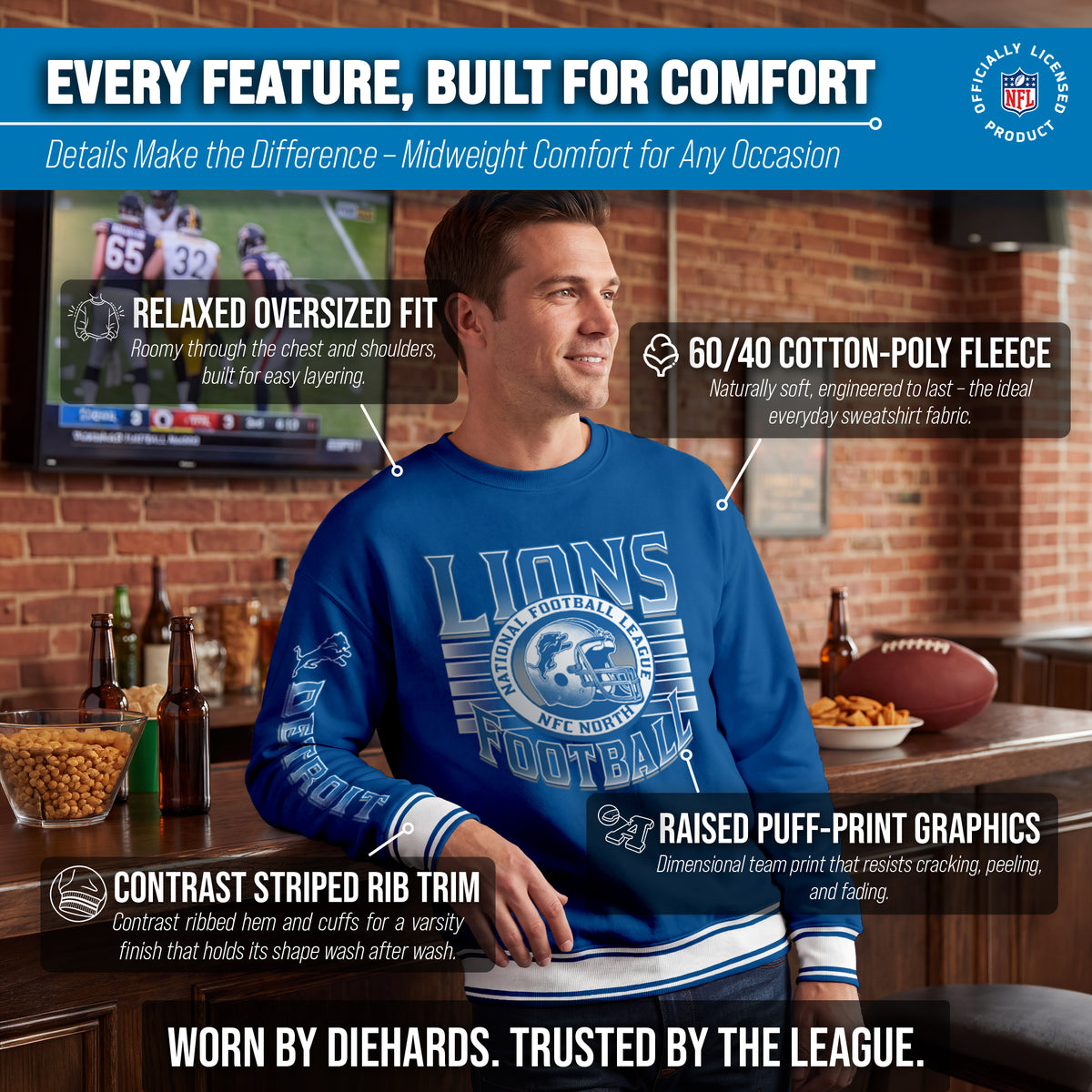 Detroit Lions NFL Men's Franchise Striped Rib Oversized Crewneck - Blue