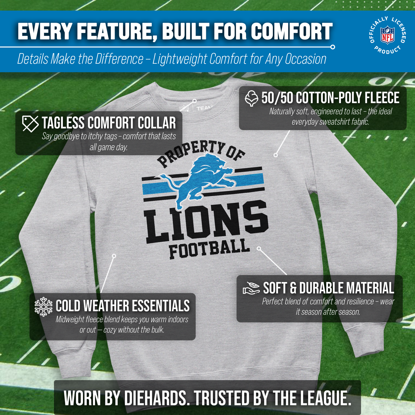 Detroit Lions NFL Adult Property Of Crewneck Fleece Sweatshirt - Sport Gray