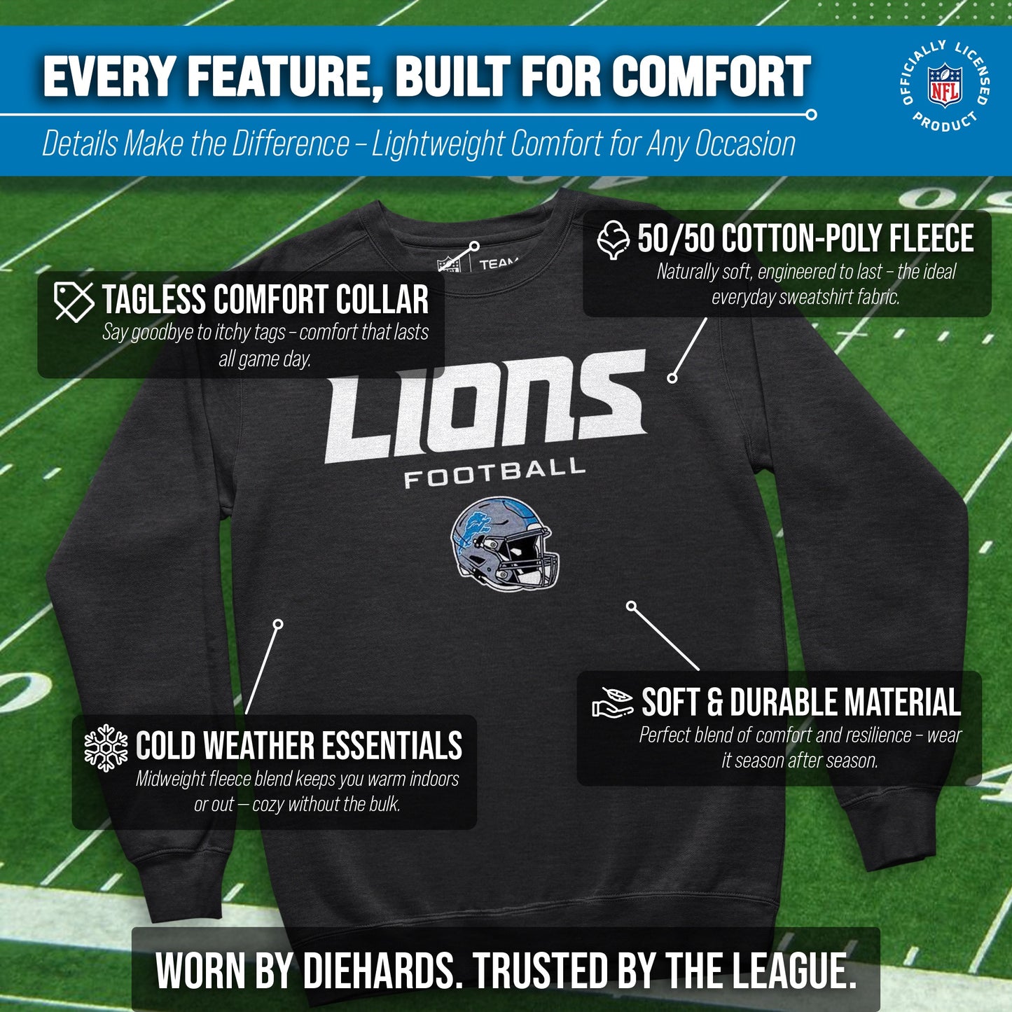 Detroit Lions Adult NFL Football Helmet Heather Crewneck Sweatshirt - Charcoal