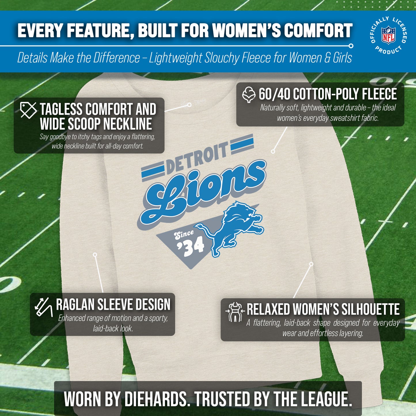 Detroit Lions NFL Womens Vintage Charm French Terry Slouchy Top - Birch