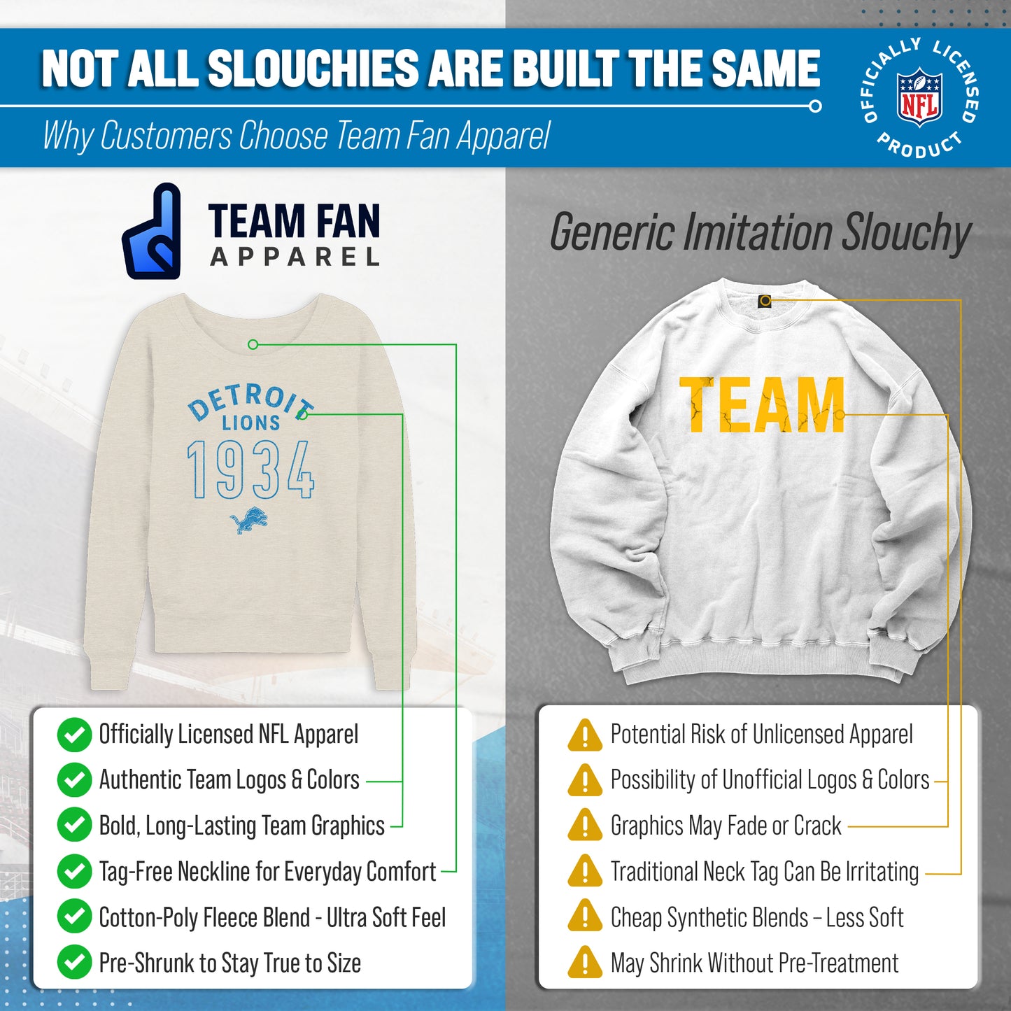 Detroit Lions NFL Womens Big Date French Terry Slouchy Top - Natural