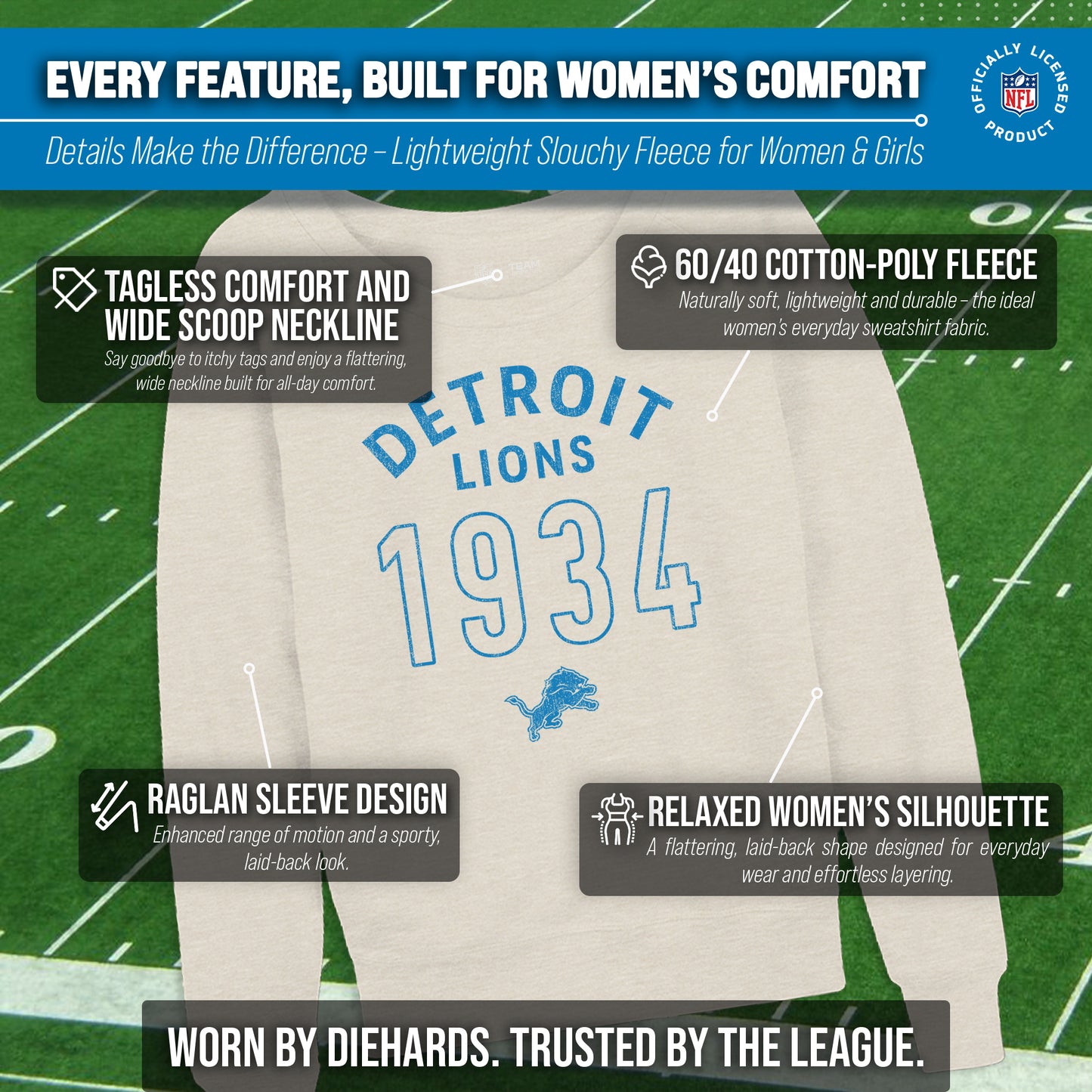 Detroit Lions NFL Womens Big Date French Terry Slouchy Top - Natural