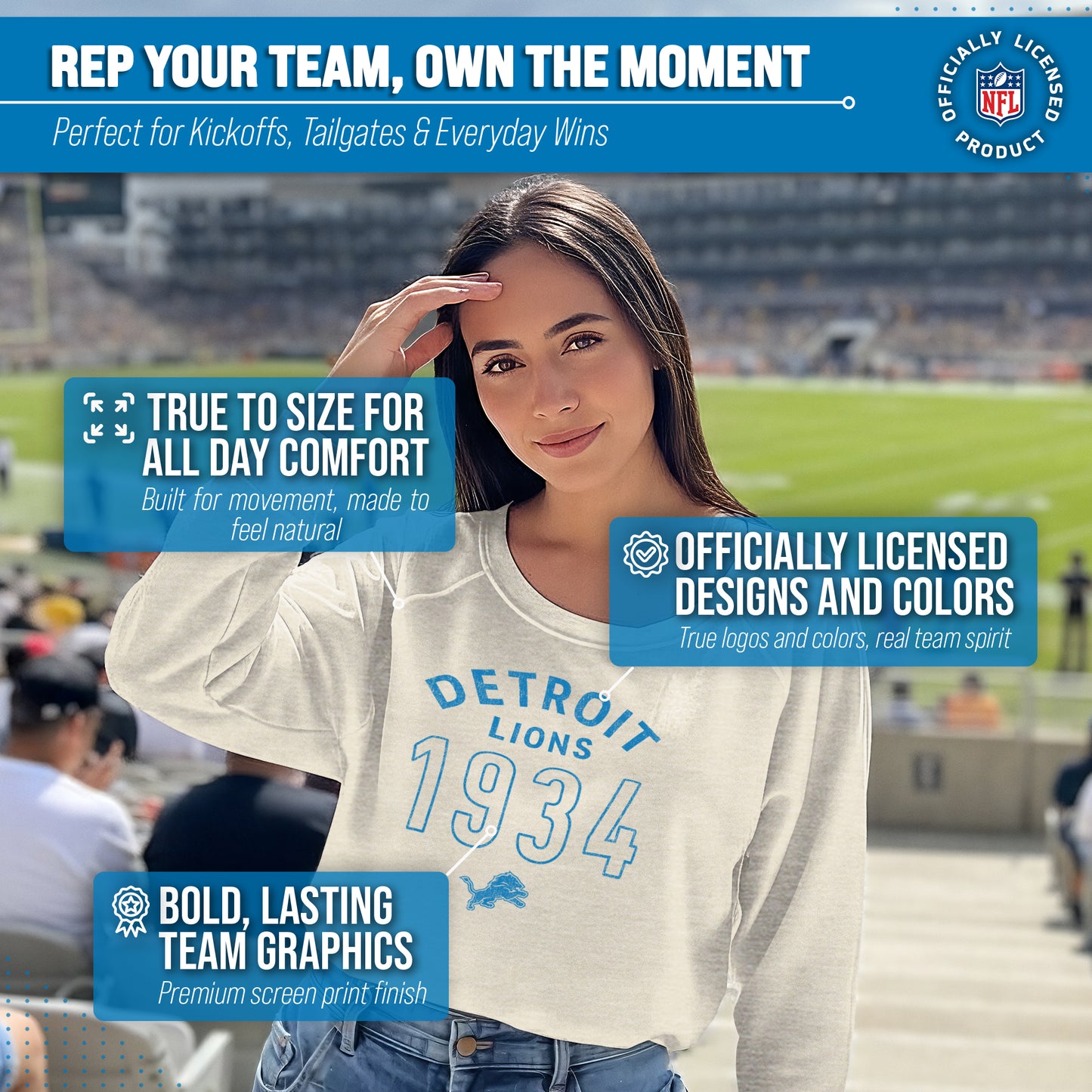 Detroit Lions NFL Womens Big Date French Terry Slouchy Top - Natural