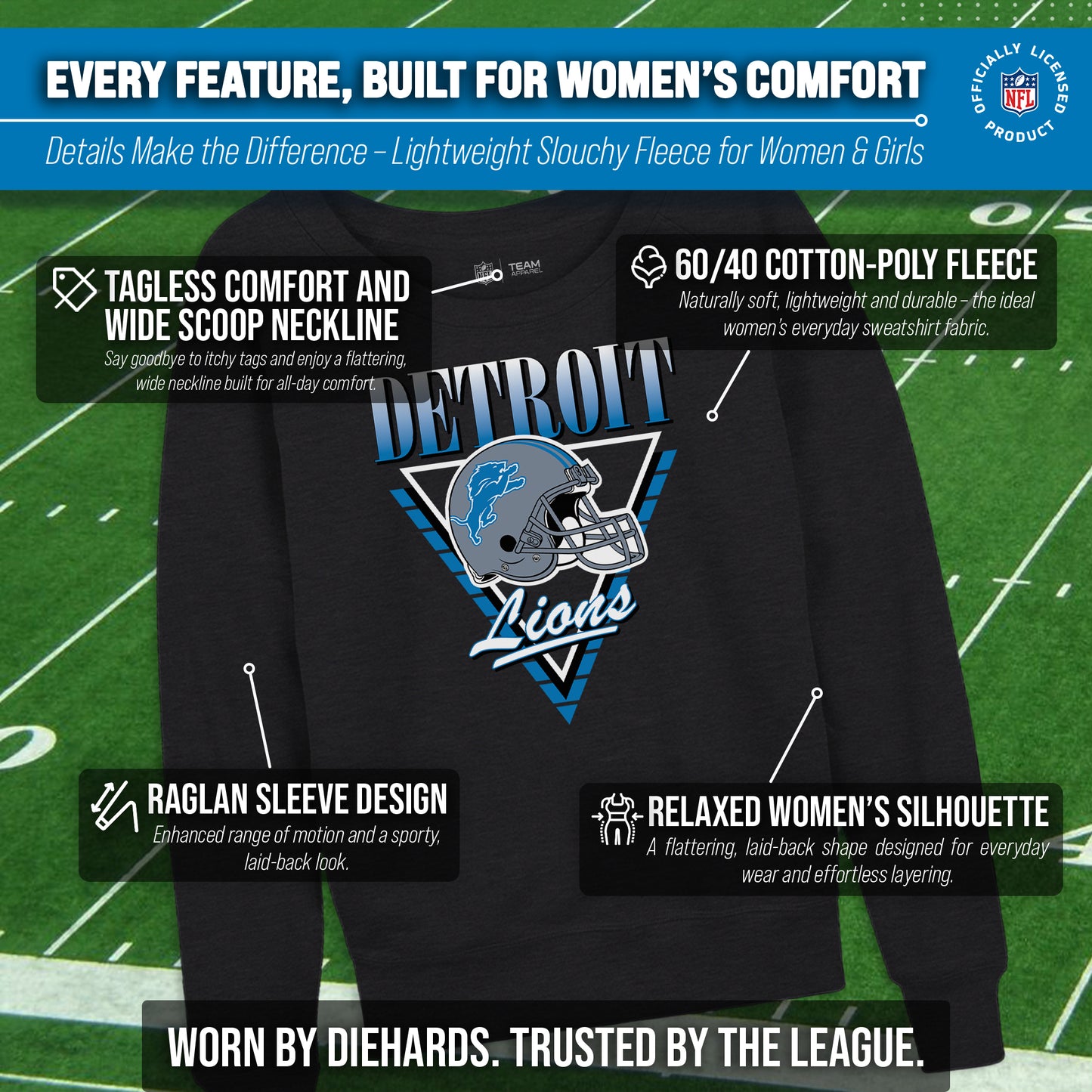 Detroit Lions NFL Womens Retro Triangle French Terry Slouchy Top- Raglan Sleeves - Heather Charcoal