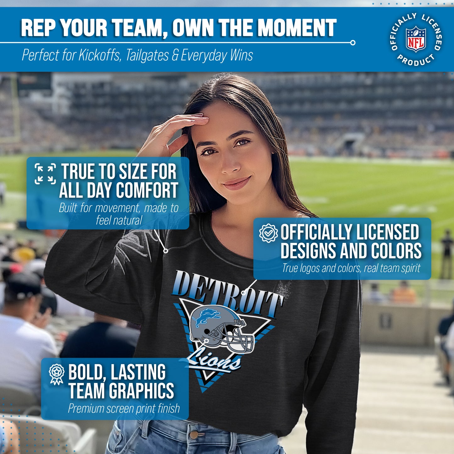 Detroit Lions NFL Womens Retro Triangle French Terry Slouchy Top- Raglan Sleeves - Heather Charcoal