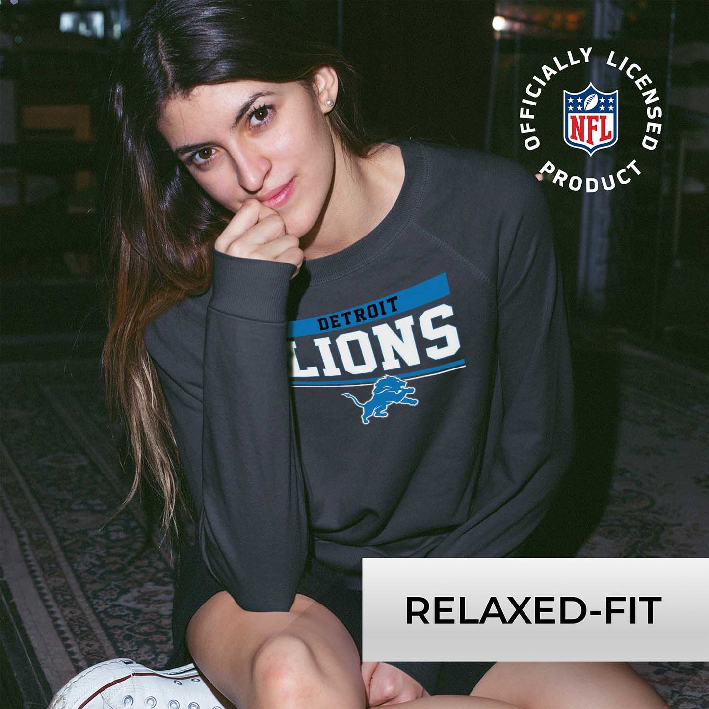 Detroit Lions NFL Womens Team Block French Terry Slouchy Top - Charcoal