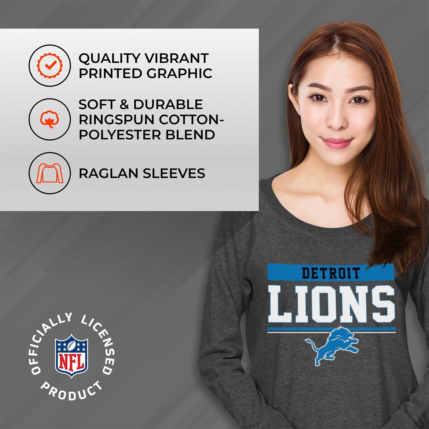 Detroit Lions NFL Womens Team Block French Terry Slouchy Top - Charcoal
