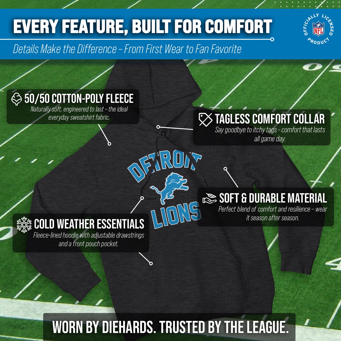 Detroit Lions Team Fan Apparel NFL  Gameday Hoodie - Heathered Charcoal