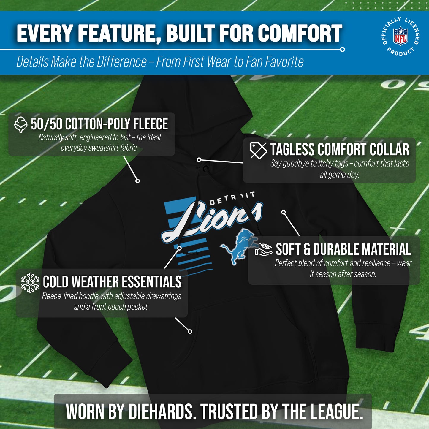 Detroit Lions NFL Adult Unisex Retro Script Ultra Soft Fleece Hooded Sweatshirt - Black