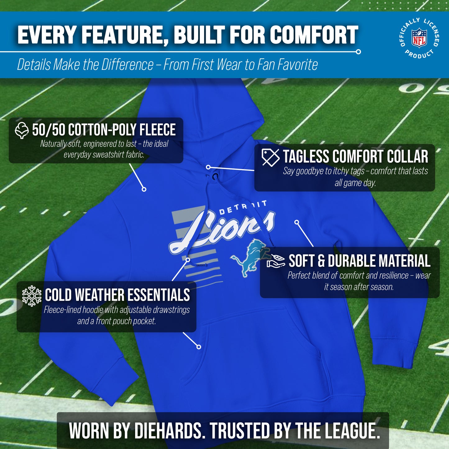 Detroit Lions NFL Adult Unisex Retro Script Ultra Soft Fleece Hooded Sweatshirt - Royal
