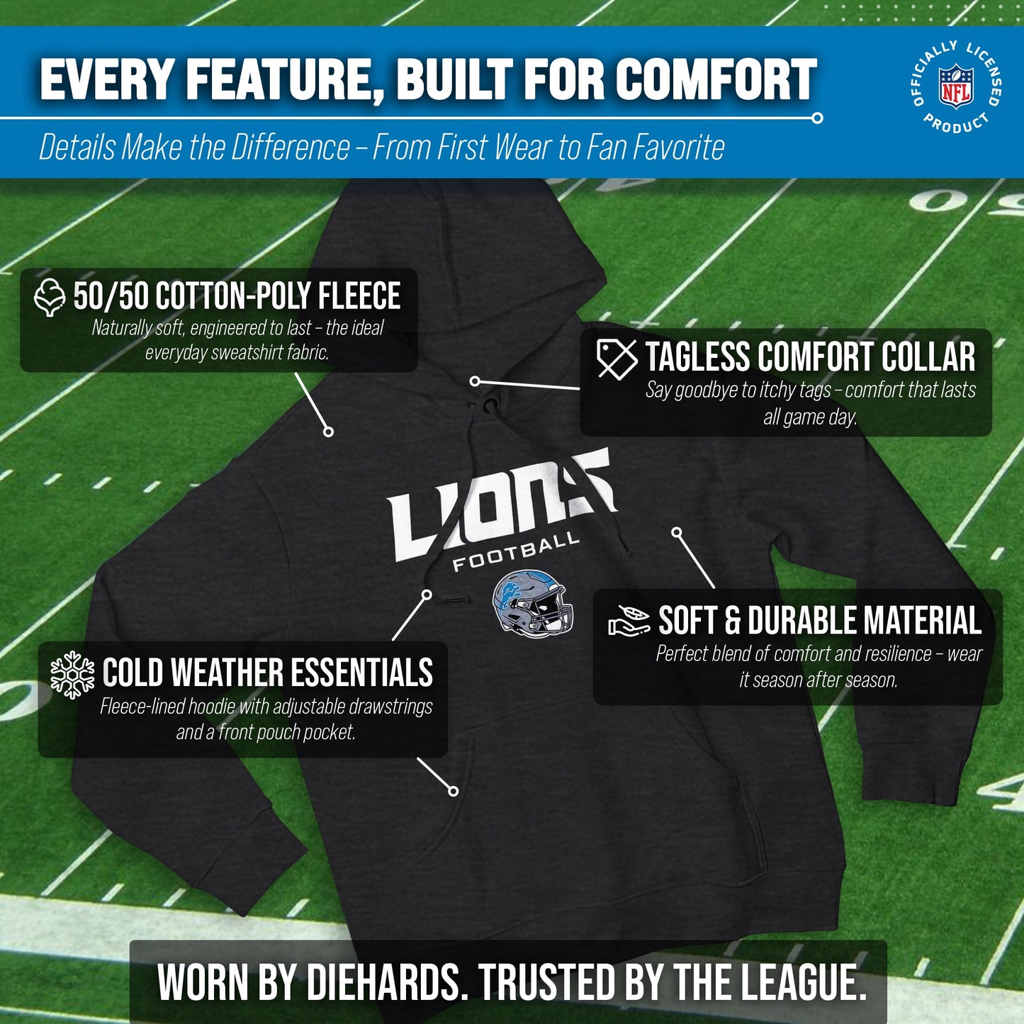 Detroit Lions Adult NFL Football Helmet Heather Hooded Sweatshirt  - Charcoal