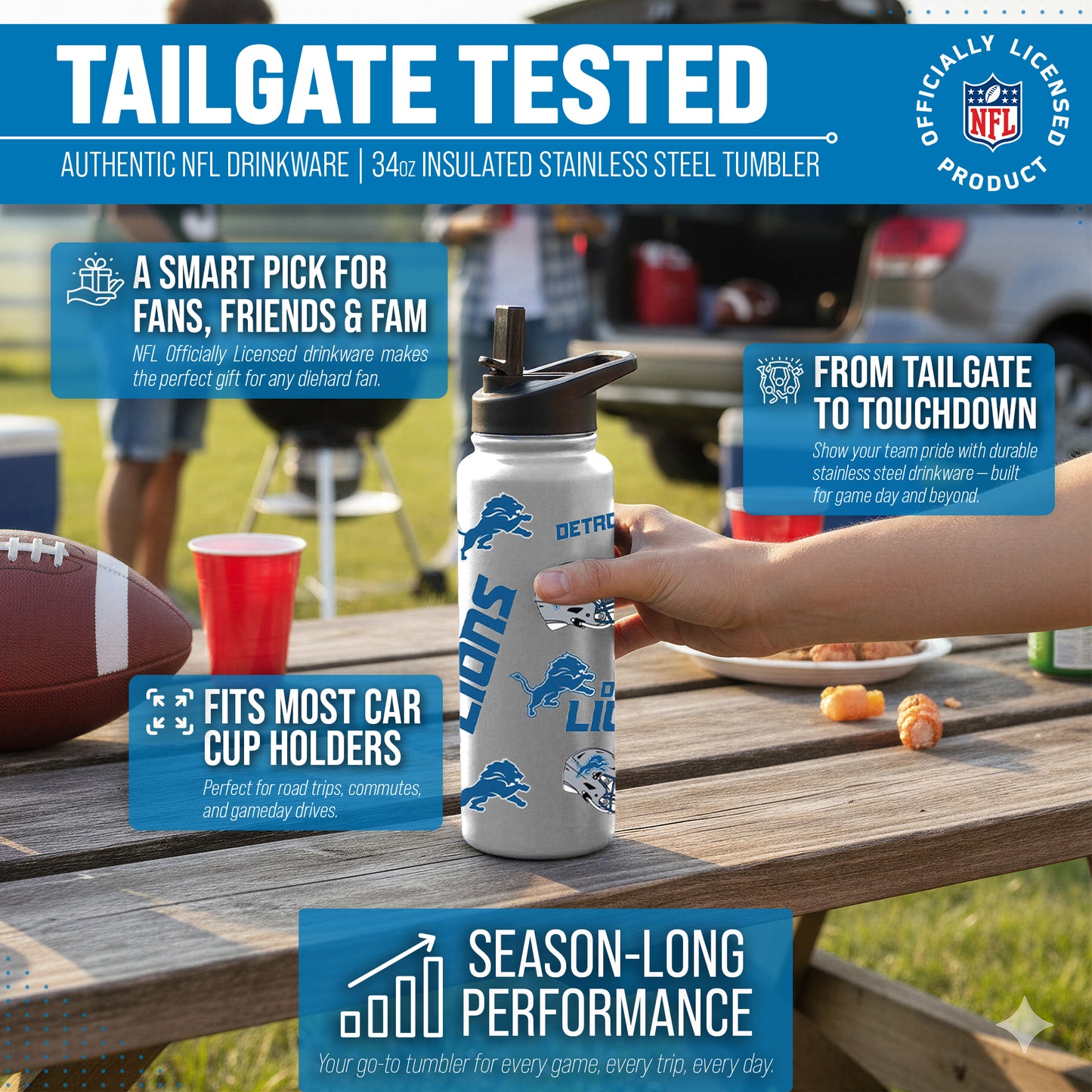 Detroit Lions NFL 34oz Quencher Stainless Steel Insulated Water Bottle - White