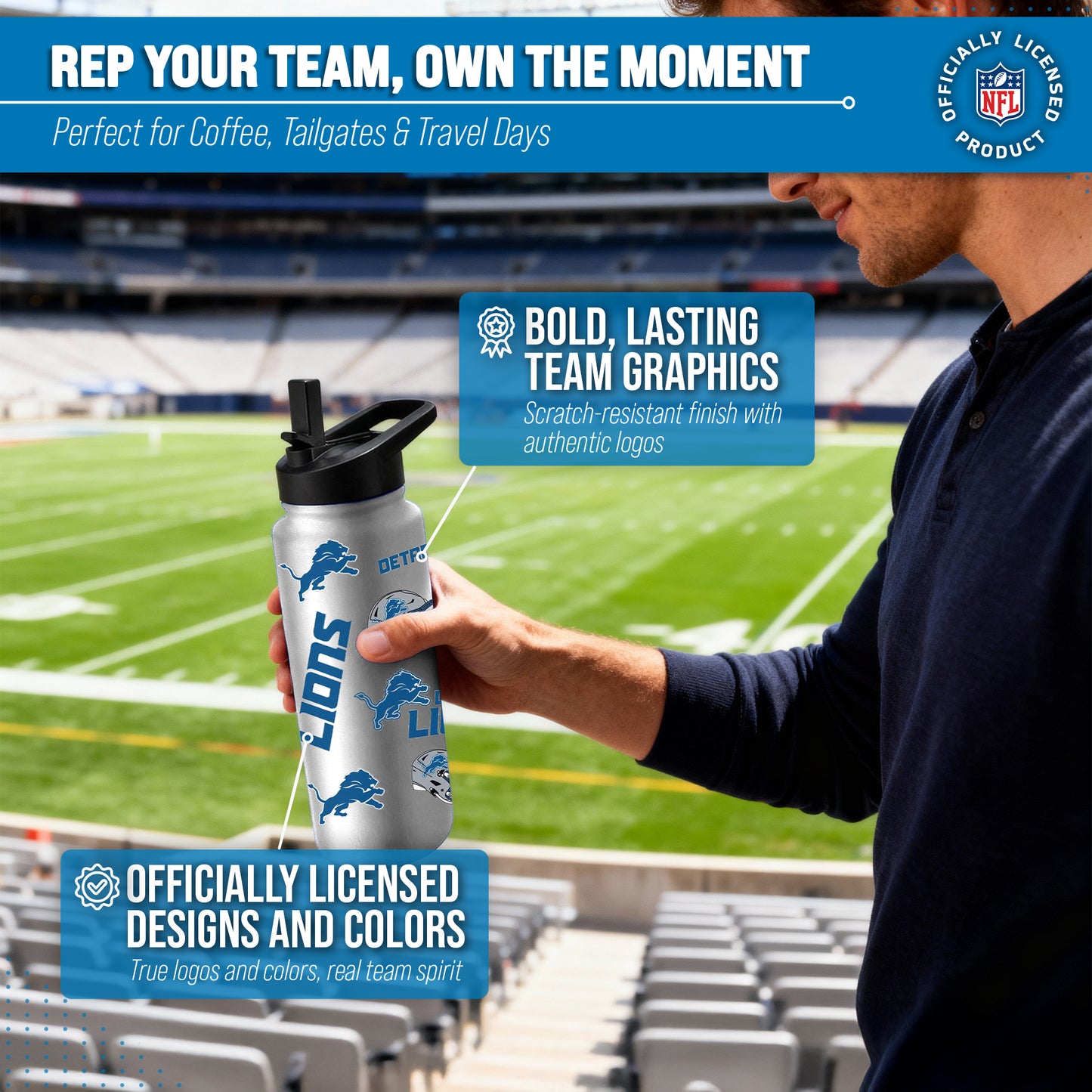 Detroit Lions NFL 34oz Quencher Stainless Steel Insulated Water Bottle - White