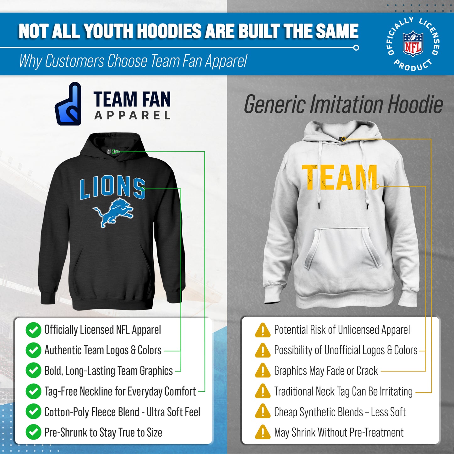 Detroit Lions NFL Youth Home Team Hoodie- Kids Hooded Sweatshirt - Black