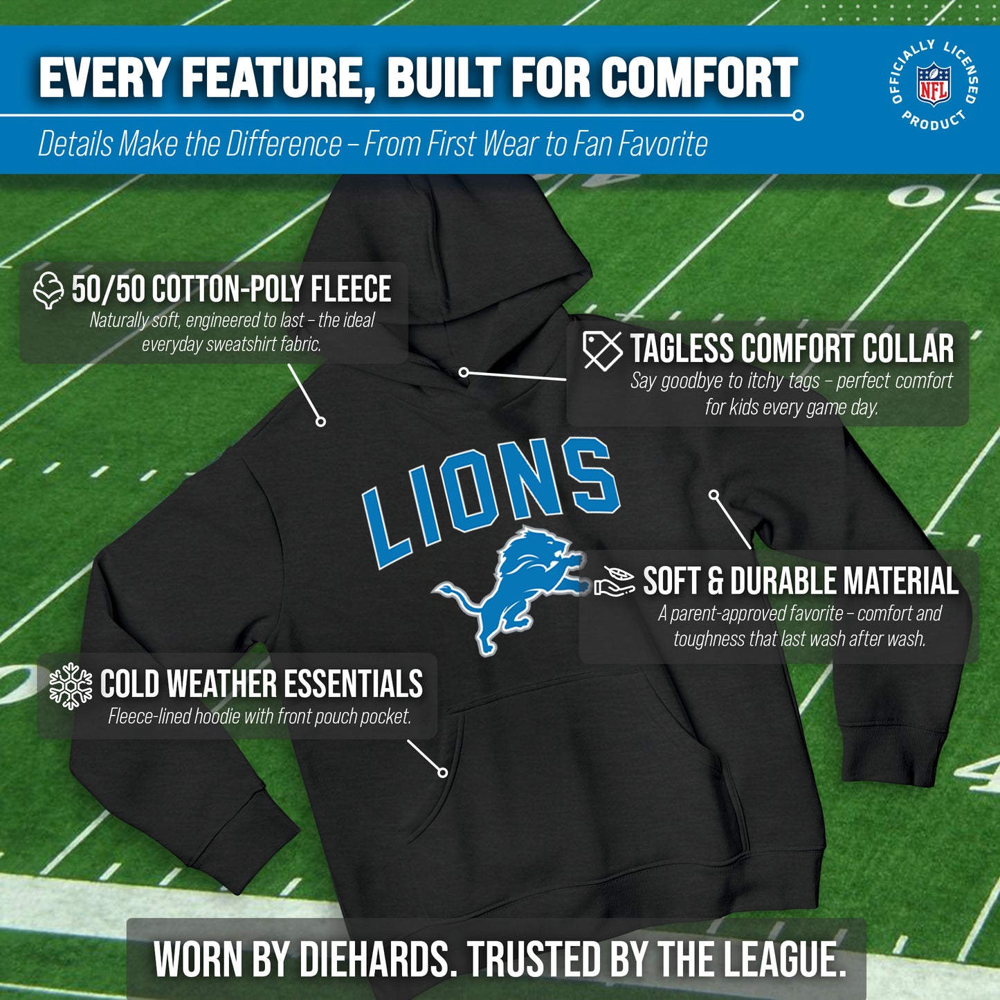 Detroit Lions NFL Youth Home Team Hoodie- Kids Hooded Sweatshirt - Black