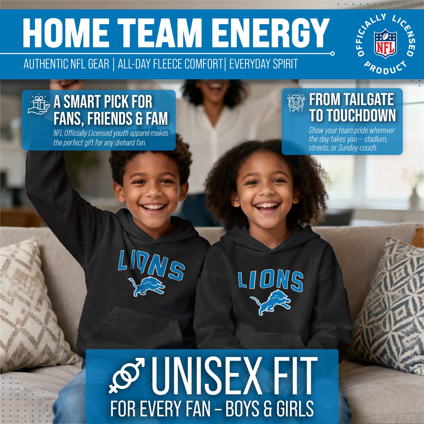 Detroit Lions NFL Youth Home Team Hoodie- Kids Hooded Sweatshirt - Black