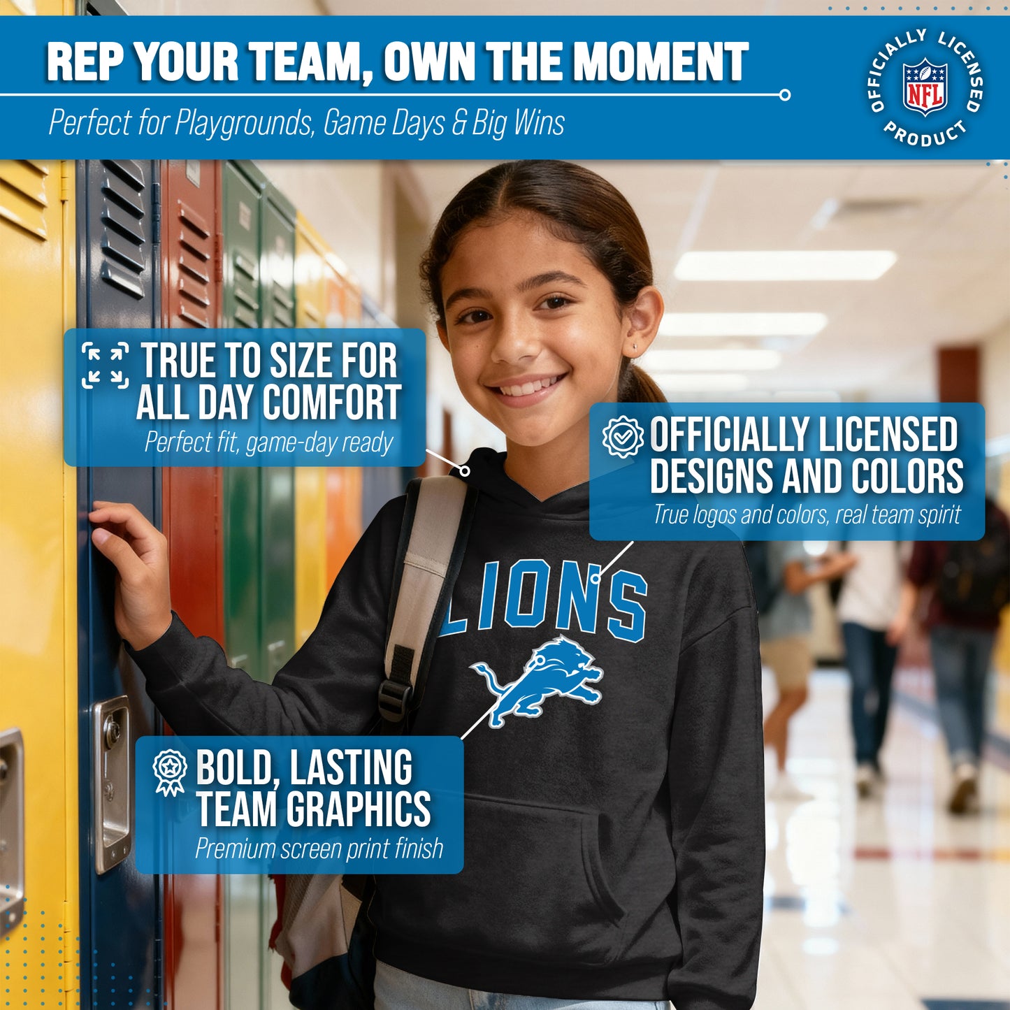 Detroit Lions NFL Youth Home Team Hoodie- Kids Hooded Sweatshirt - Black