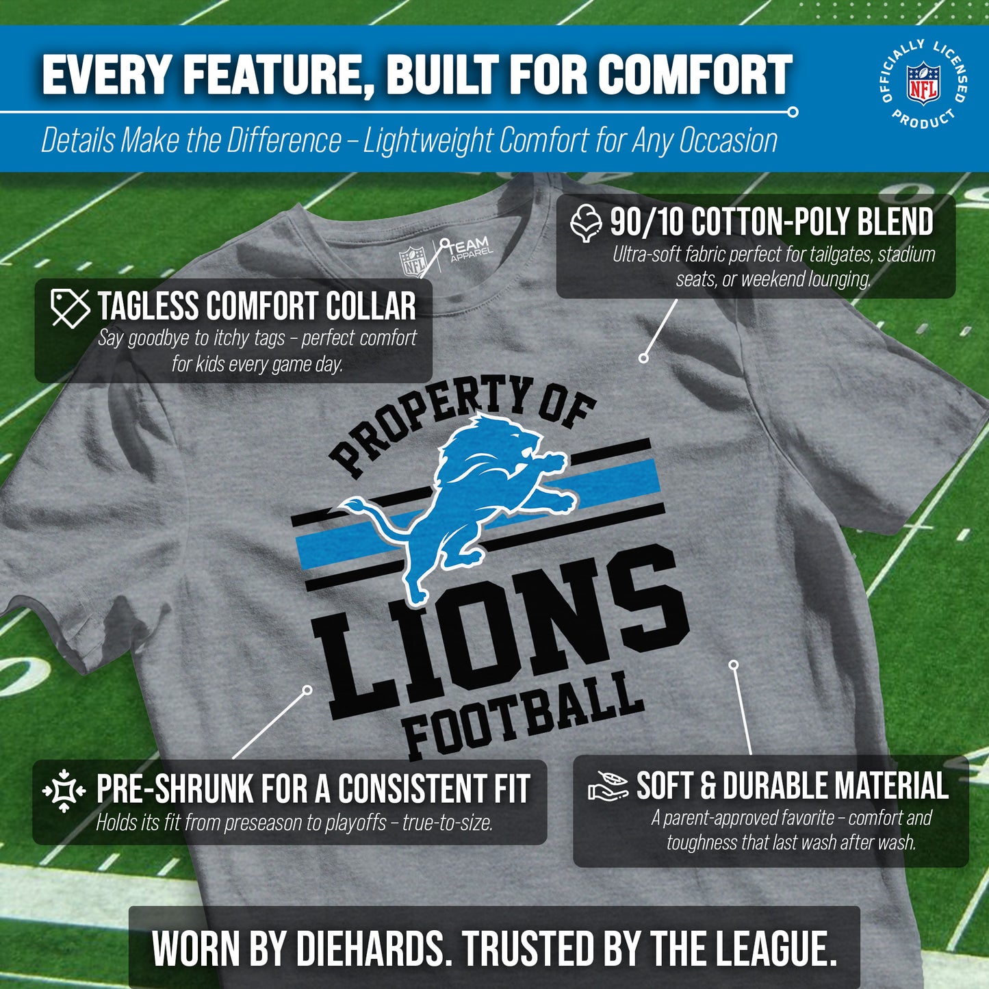 Detroit Lions NFL Youth Property Of Short Sleeve Lightweight T Shirt - Sport Gray