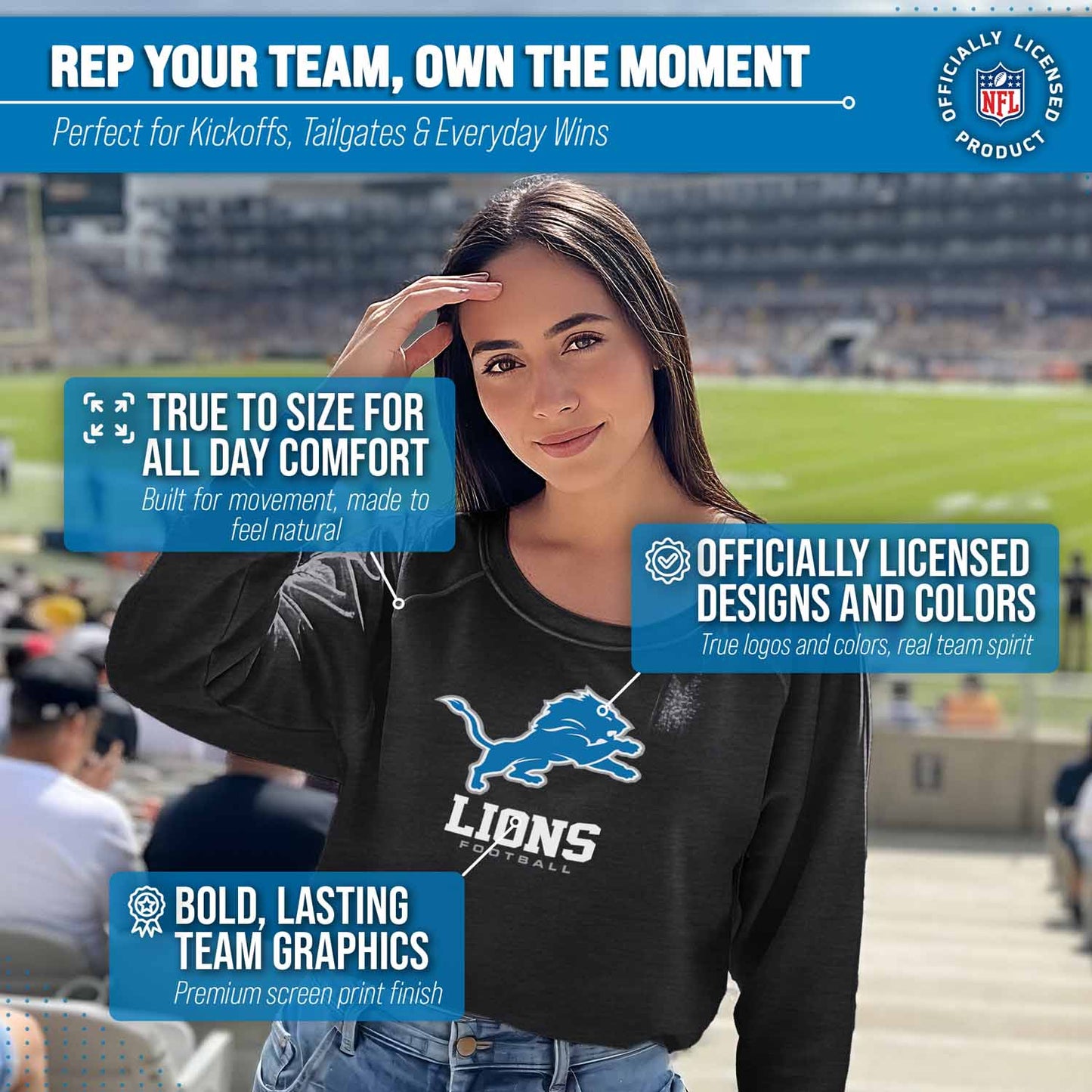 Detroit Lions NFL Womens Ultimate Fan French Terry Slouchy Top- Raglan Sleeves - Charcoal