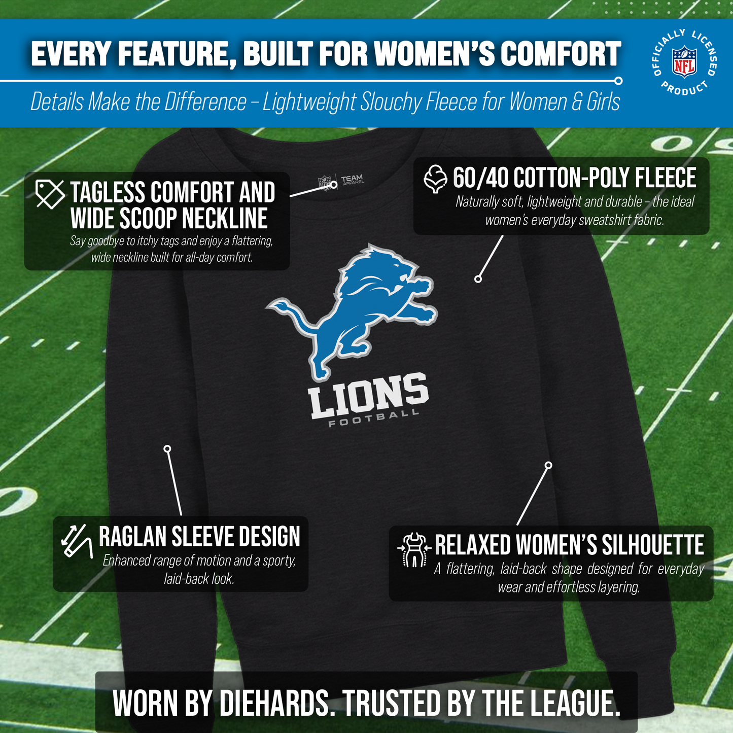 Detroit Lions NFL Womens Ultimate Fan French Terry Slouchy Top- Raglan Sleeves - Charcoal