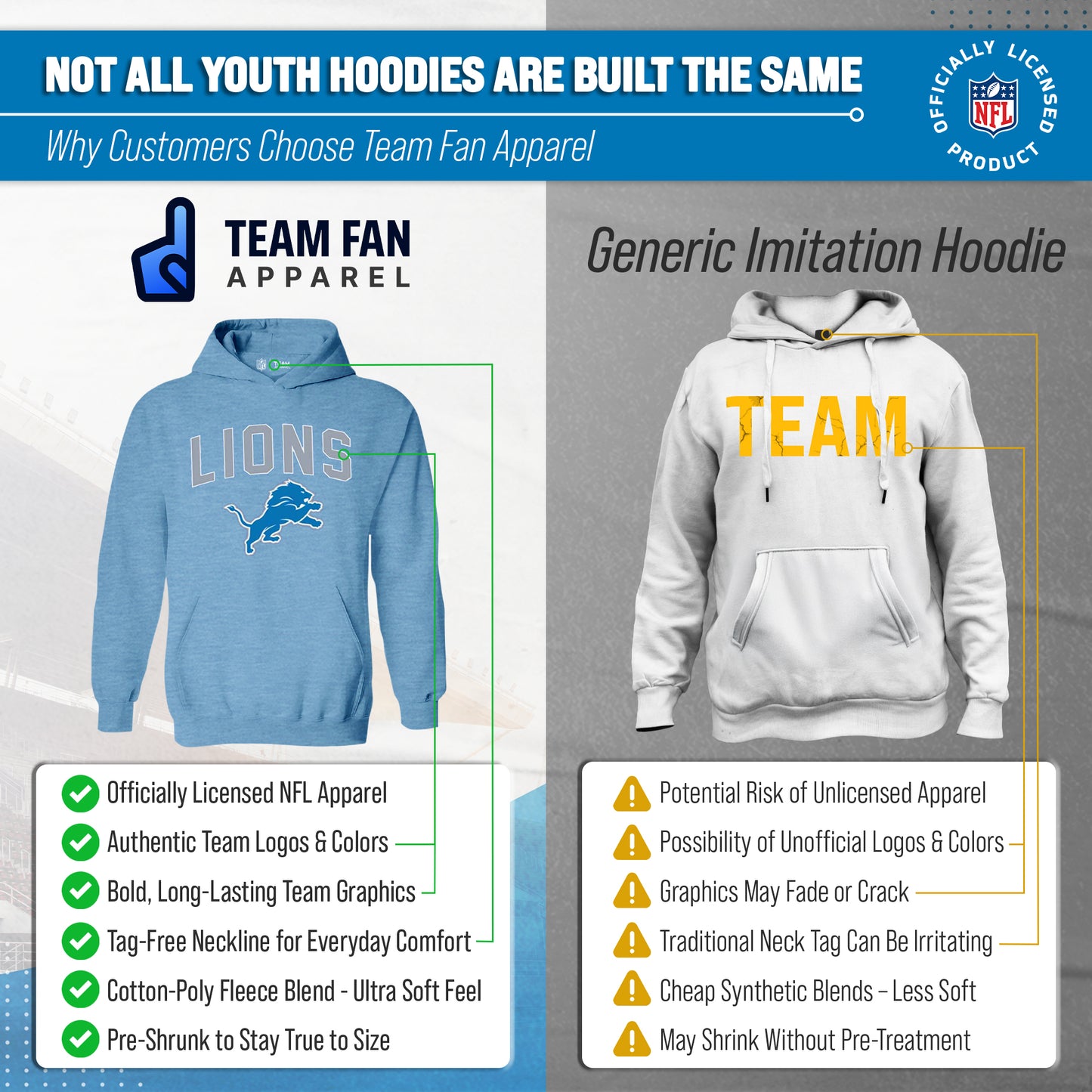Detroit Lions NFL Youth Home Team Hoodie- Kids Hooded Sweatshirt - Light Blue