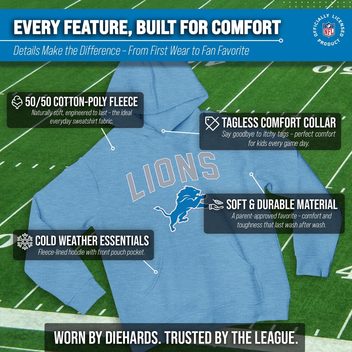 Detroit Lions NFL Youth Home Team Hoodie- Kids Hooded Sweatshirt - Light Blue