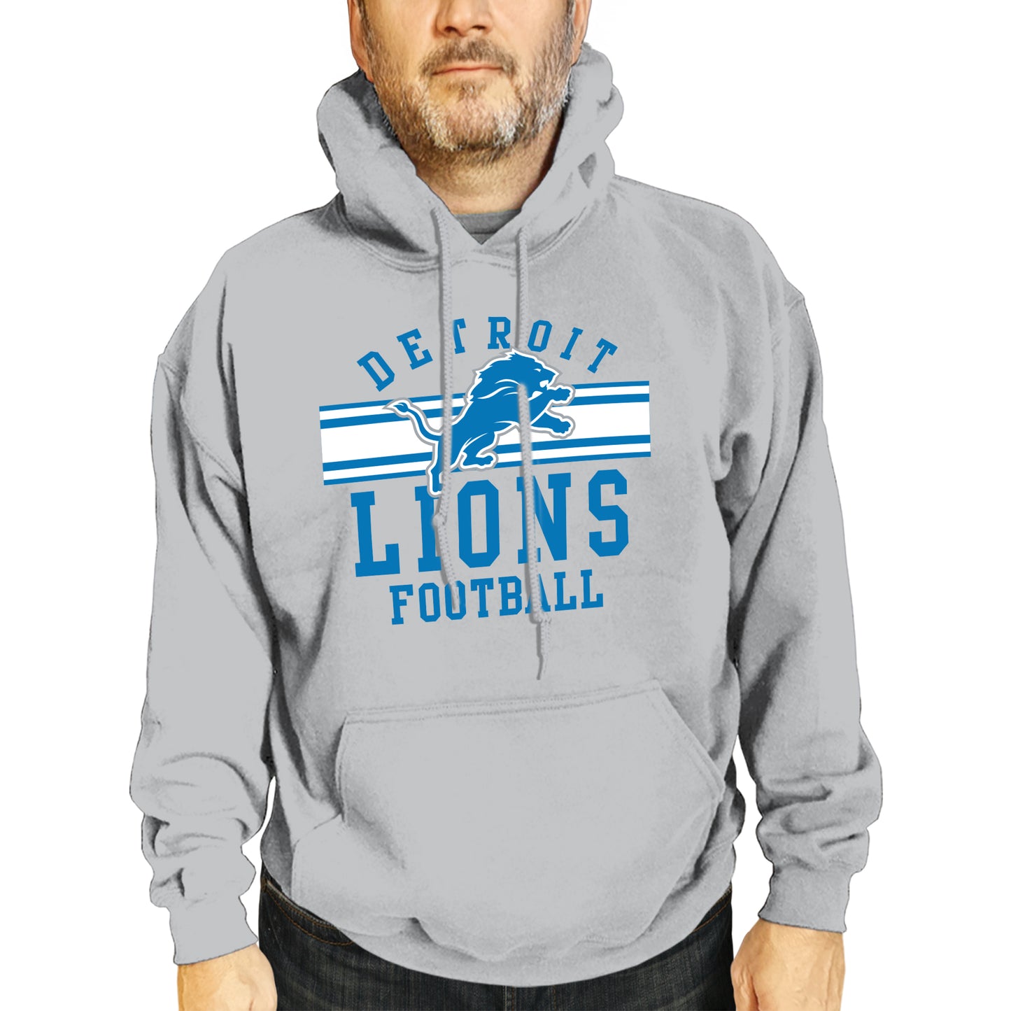 Detroit Lions NFL Team Stripe Hooded Sweatshirt- Soft Pullover Sports Hoodie For Men & Women - Sport Gray