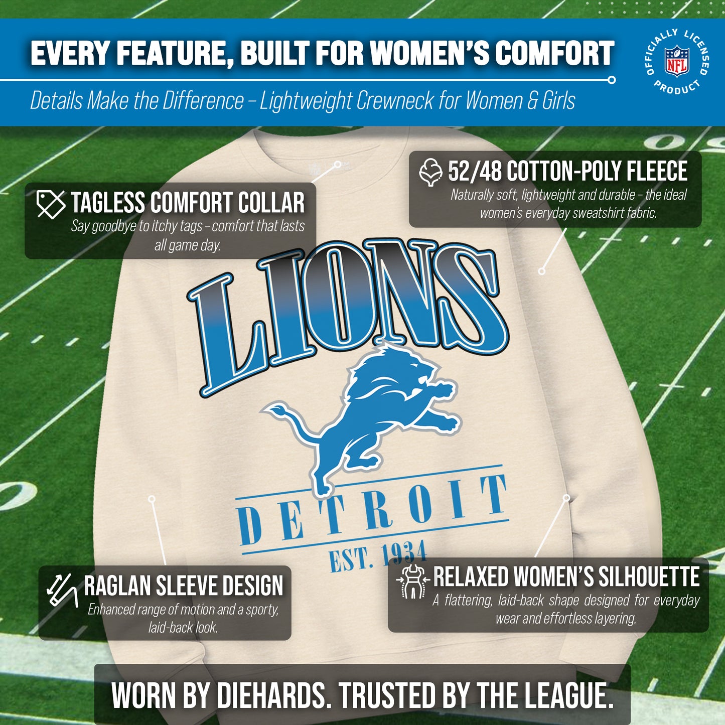 Detroit Lions Womens NFL Starstruck Crewneck Pullover - Cream