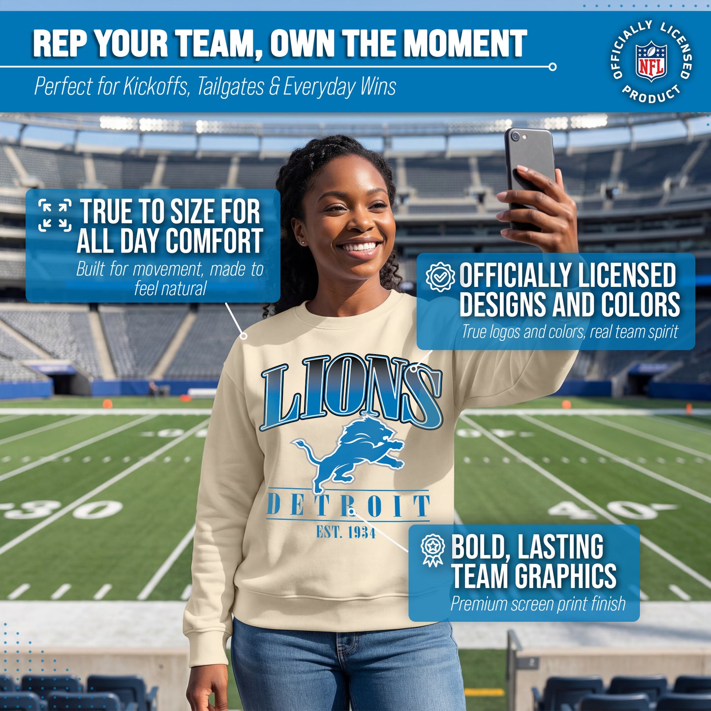 Detroit Lions Womens NFL Starstruck Crewneck Pullover - Cream