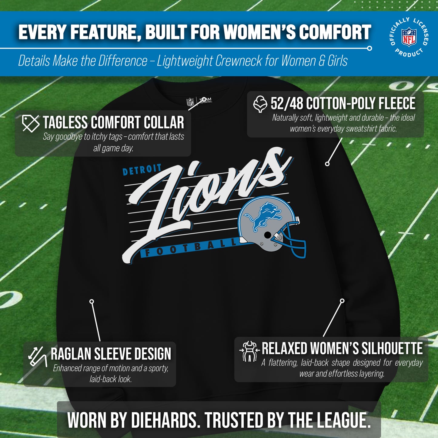 Detroit Lions Womens NFL Scrimmage Line Crewneck Pullover - Black