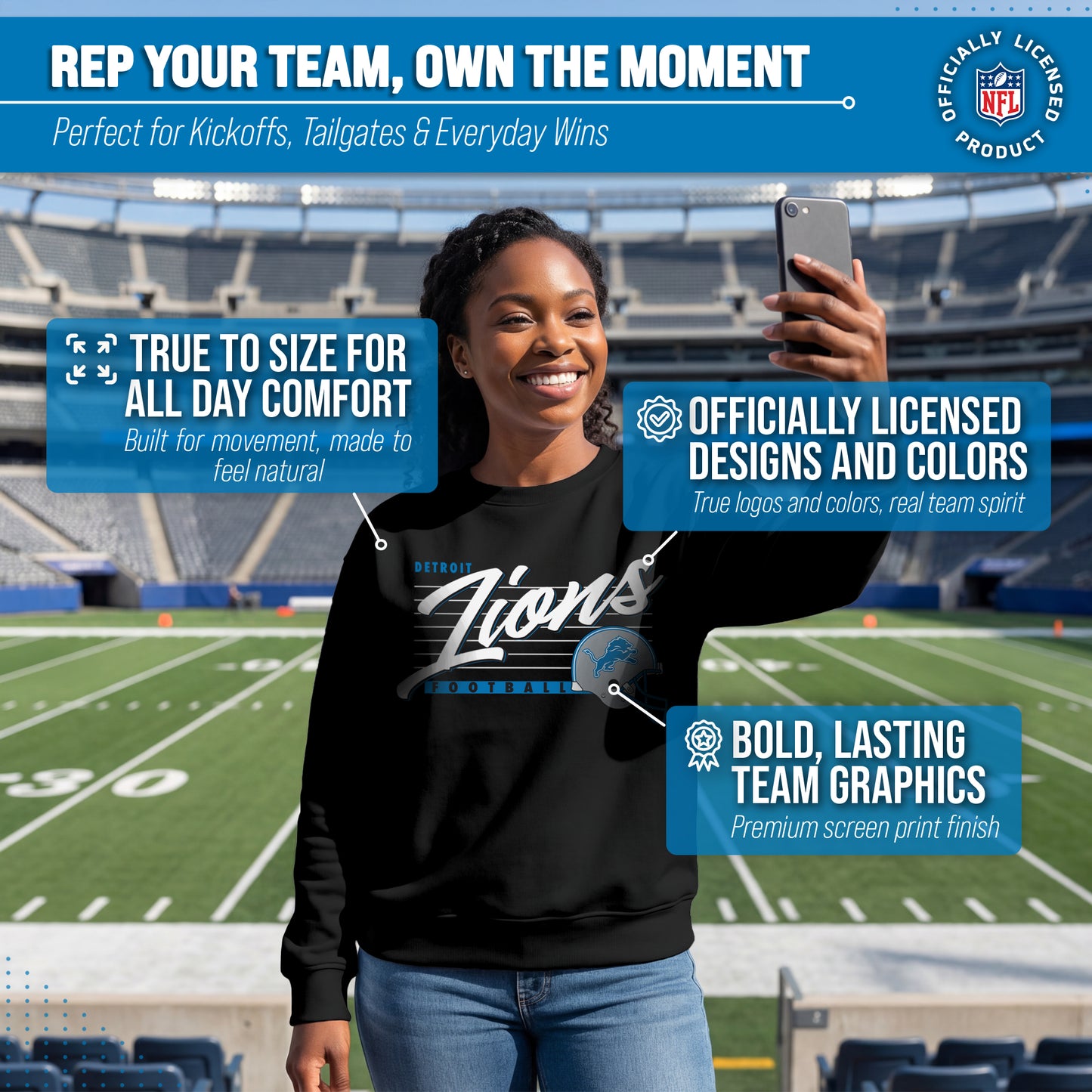 Detroit Lions Womens NFL Scrimmage Line Crewneck Pullover - Black