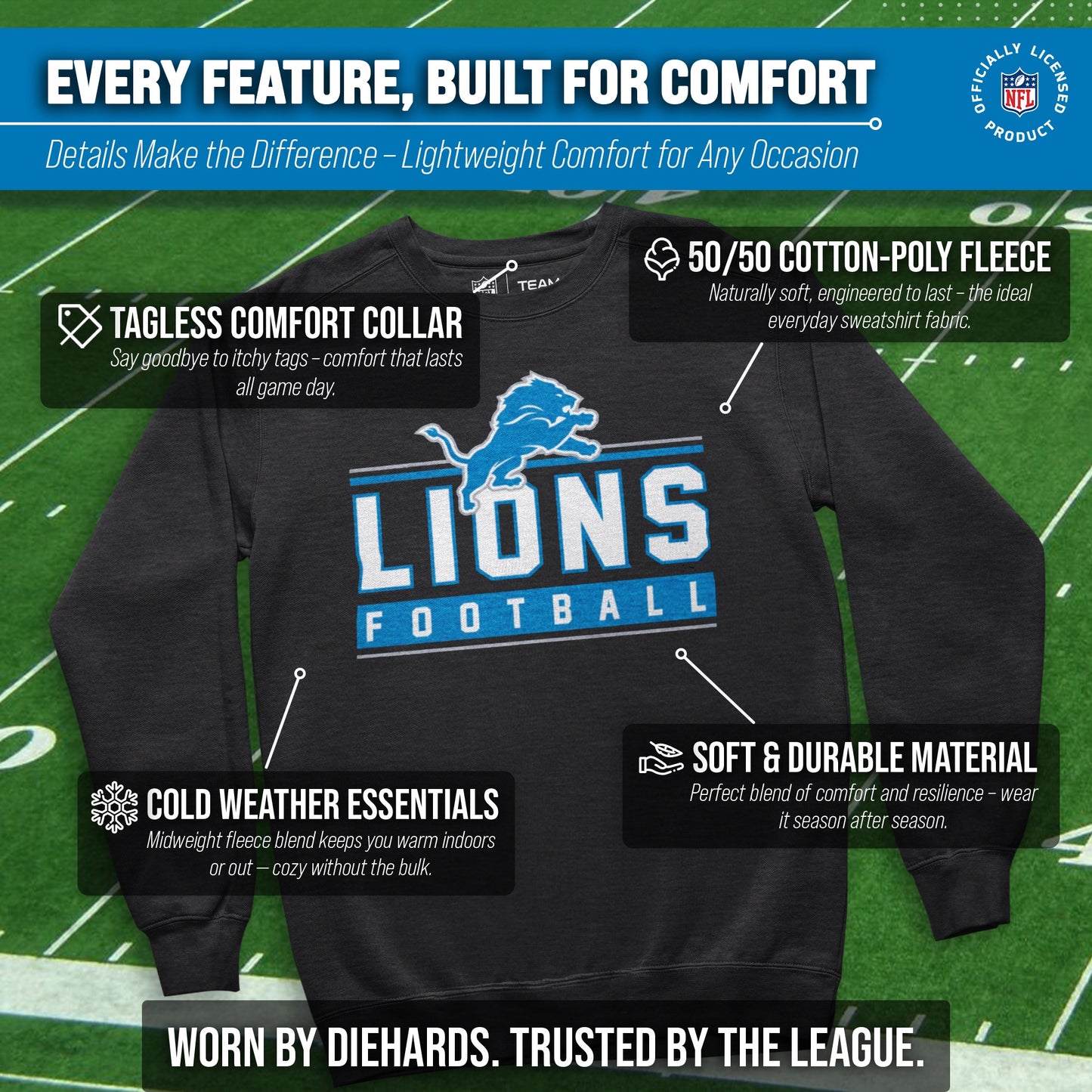 Detroit Lions NFL Adult True Fan Crewneck Sweatshirt - Charcoal